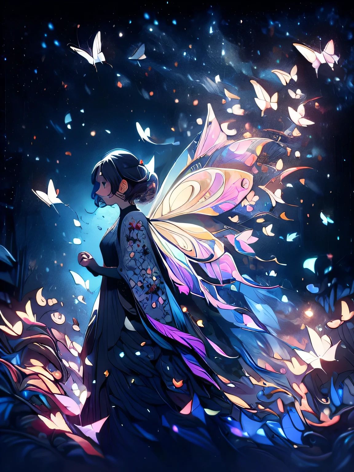 Cinématique, Fée, fille, papillon, forêt, nuit, art fantastique, 8k, détaillé, chef-d&#39;œuvre, détaillé background, détaillé effect, fleur de frêne, pretty fille, white fille, beautiful fille, ((Fée fille)), tout le corps, cheveux noirs, yeux bleus, ((robe feuille)), lumière de cendre, nuit sky, étoile