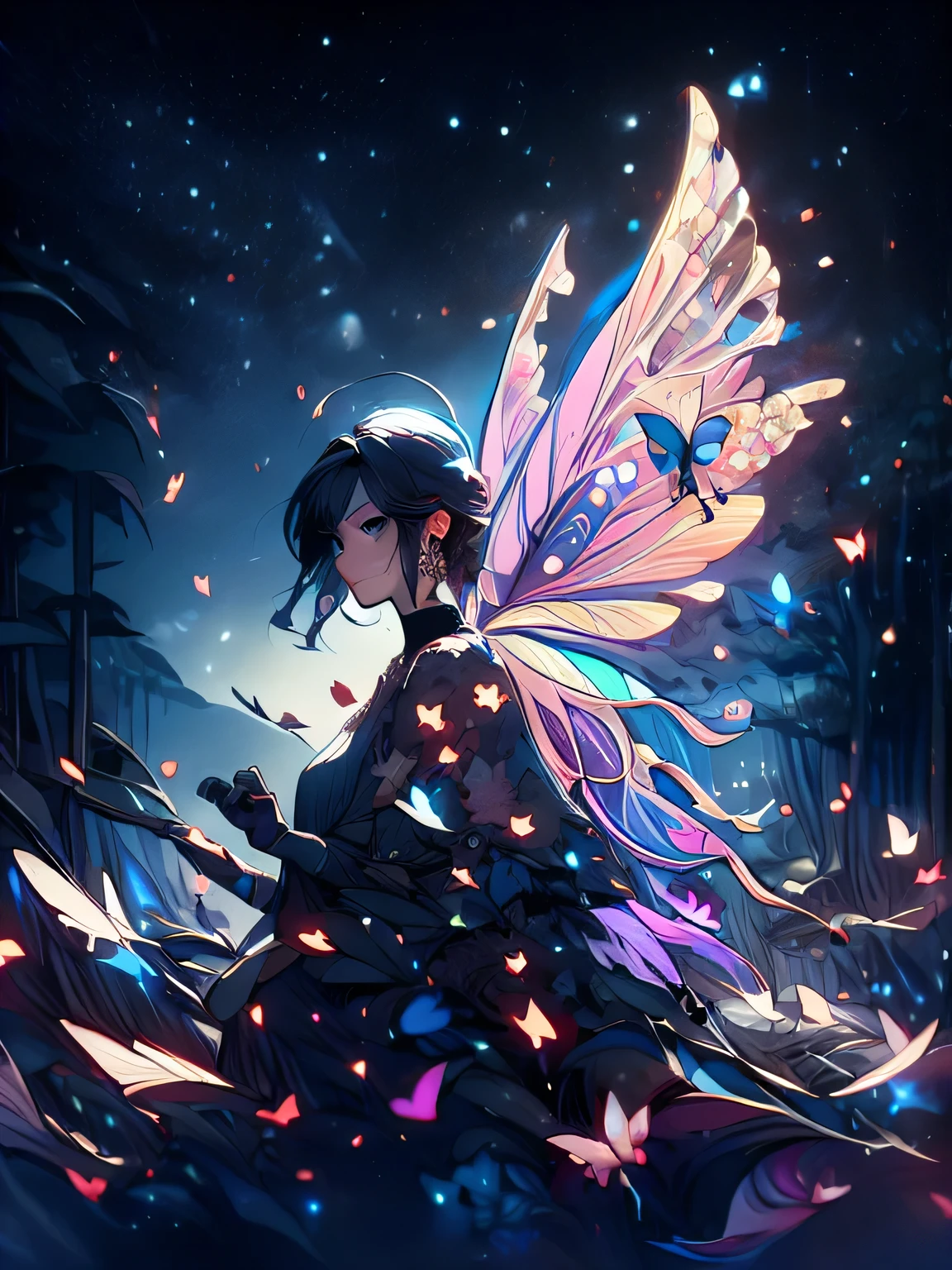 cinematic, fairy, girl, butterfly, forest, night, fantasy art, 8k, detailed, masterpiece, detailed background, detailed effect, ash blossom, pretty girl, white girl, beautiful girl, ((fairy girl)), full body, black hair, blue eyes, ((leaf dress)), ash light, night sky, star