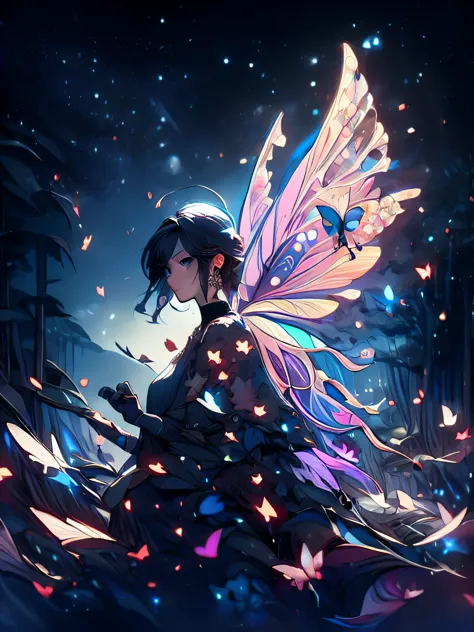 cinematic, fairy, girl, butterfly, forest, night, fantasy art, 8k, detailed, masterpiece, detailed background, detailed effect, ...
