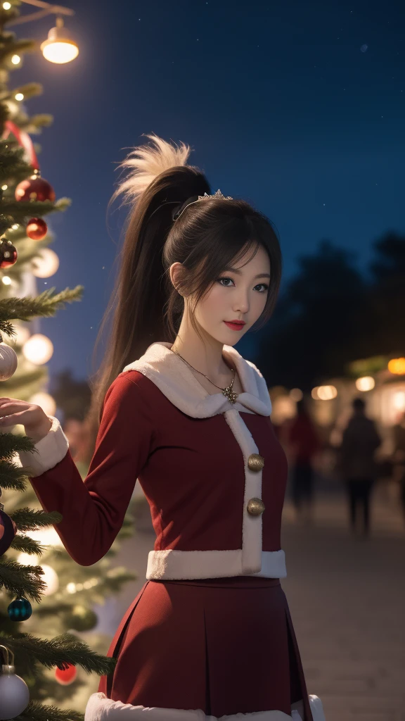 1 Girl, Long hair, skirt,Hair accessories, city View, night, , Boss,白色skirt,Ponytail,,blue eyes,Ponytail, Mrs. Claus,Christmas, front