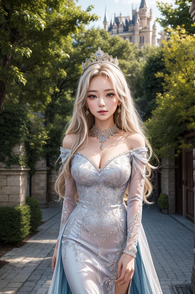 masterpiece, highres, high detailed,  intricate details, depth of field, 1 girl, asian girl, queen, big royal crown, full body,Coronation Gown, queen dress, Evening Gown, outdoor background. The background is a luxurious castle, mildly clouds, best sunlight. There are 2 long flower beds besides the path, queen is standing on the path. Her face is gorgeous, beautiful, confident. She wears a lot of luxury jelweries and holds her gown. She has blue eyes, platinum blonde long shining hair. Behind her is the castle.