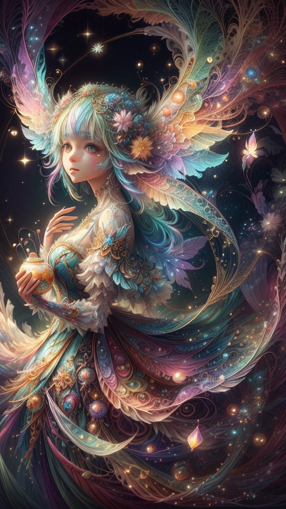 Une fille animée captivante émerge gracieusement des pages d’une aquarelle, ses couleurs vibrantes et complexes donnent vie à l&#39;œuvre d&#39;art. Elle porte des costumes fantastiques extraordinaires，Décoré avec des détails exquis, reflétant le monde enchanteur dans lequel elle habite. Éléments luminescents, comme des cristaux brillants et des volutes éthérées, l&#39;entourer, lancer un soft, lueur d&#39;un autre monde. Le style aquarelle confère à l&#39;image une sensation de fluidité et de délicatesse., comme si les couleurs se mélangeaient et se fondaient sans effort les unes dans les autres. Prise de vue de la caméra: Coup moyen, Objectif de la caméra: mise au point douce, éclairage: lueur luminescente, coups de pinceau à l&#39;aquarelle,