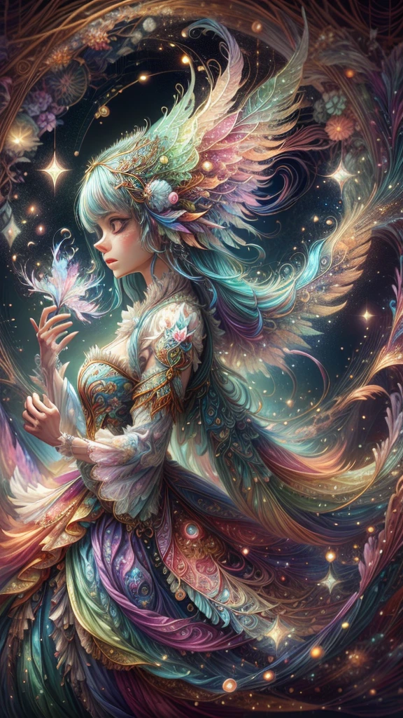 A captivating anime girl gracefully emerges from the pages of a watercolor painting, her vibrant and intricate colors breathing life into the artwork. She wears extraordinary fantasy costumes，Decorated with exquisite details, reflecting the enchanting world she inhabits. Luminescent elements, like glowing crystals and ethereal wisps, surround her, casting a soft, otherworldly glow. The watercolor style imbues the image with a sense of fluidity and delicacy, as if the colors are effortlessly blending and bleeding into one another. Camera shot: Medium Shot, Camera lens: softfocus, Lighting: luminescent glow, watercolor brushstrokes,