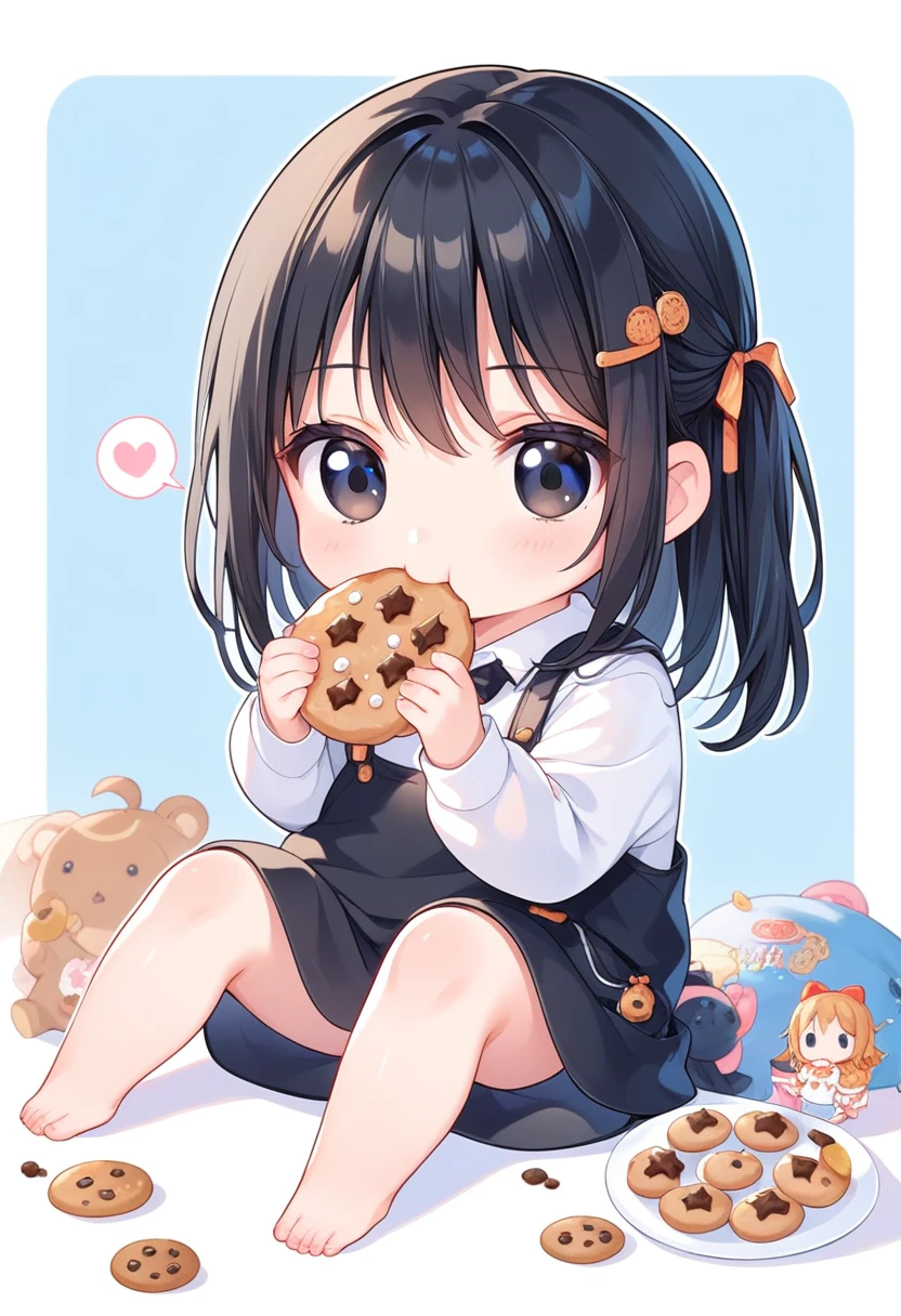 pontuação_9, pontuação_8_acima, pontuação_7_acima, fonte_anime, (chibi), comendo biscoito, coração falado, sentado, Cabelo preto, olhos pretos, traje preto, fundo da sala, fundo simples