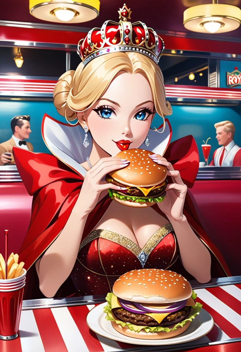  picture of a royal adult queen eating a juicy hamburger, royal queen, blond hair, in a bun, dynamic eye color, wearing a royal (crown:1.2). elegant crown, glamour crown, wearing elegant dress, royal dress, royal cloak, high fashion, wearing high heels, sitting in diner, eating a juicy hamburger, delicious hamburger, her (scepter: 1.1) is on the table American diner background, she enjoys the hamburger, Cinematic Hollywood Film