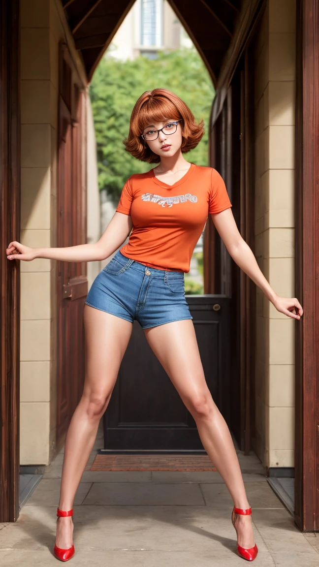 Full body view, feet in view, Velma Dinkley, solo, stripper, brown hair, dark blue eyes, detailed face, orange shirt, short red skirt, orange pantyhose, no shoes, huge breasts
([Julianne Hough|Megan Fox|Christina Hendricks]:0.8), (puffy lips :0.9),
masterpiece, professional, high quality, beautiful, amazing, gothic, Getty Images, miko, giant,
photoshoot, 4K, realistic, detailed background, abhorrent, real life, by Walter Beach Humphrey, by Pierre Bonnard,Black avatar，Pink shorts，Red shoes