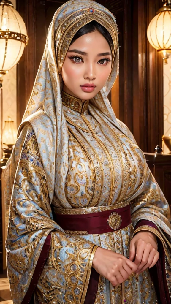 a beautiful asian girl wearing a hijab, beautiful detailed eyes, beautiful detailed lips, extremely detailed eyes and face, longeyelashes, elegant, serene expression, flowing robes, intricate hijab patterns, ornate jewelry, detailed fabric textures, warm lighting, cinematic composition, rich color palette, 8k, photorealistic, hyper detailed, masterpiece