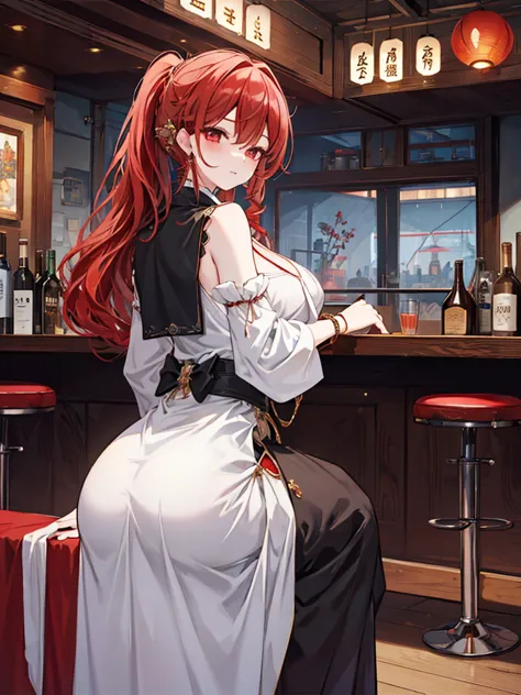 look back女, long skirt, anime style painting, an illustration, liquor, woman sitting at a bar drinking a cocktail, look back, tu...