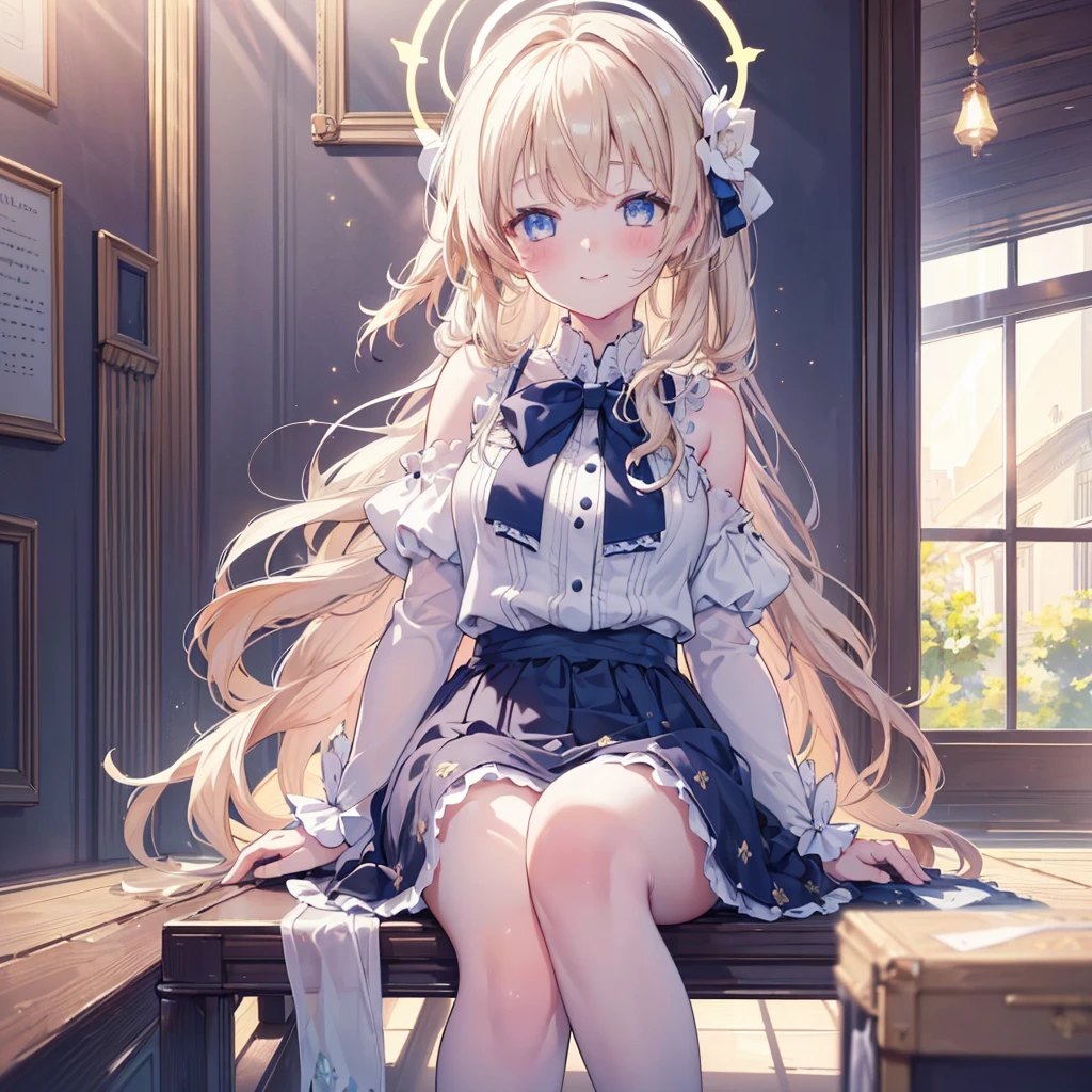 1 girl, ((masterpiece)), ((best quality)), Amazing, beautiful detailed eyes, finely detailed, depth of field, extremely detailed CG unity 8k wallpaper, full body, hifumi (Blue Archive), sitting, cafe, blush, halo, smile, (ultra-detailed),(detailed light), (sunlight),