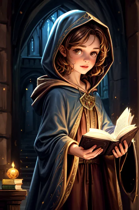One girl,Short with brown hair,Wizard,Wearing a hood,Wearing a robe,Reading a spellbook,Colorful magic is flying