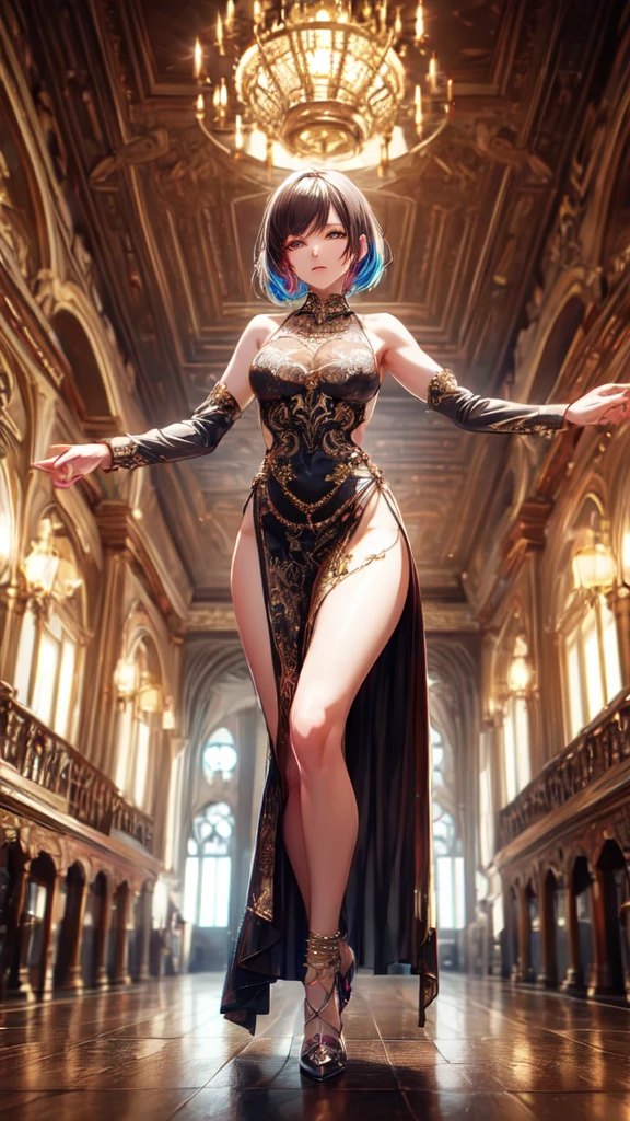 (masterpiece), best quality, Layla, mid-dance move in a flowing, bold dress with a dramatic slit, gracefully balancing on one foot in an ornate grand hall. Her colorful short hair and serene expression add to the ethereal atmosphere. The image is a masterpiece of the best quality, rendered in 8k with super detailed skin and perfect anatomy, enhanced with ethereal lighting and a soft focus