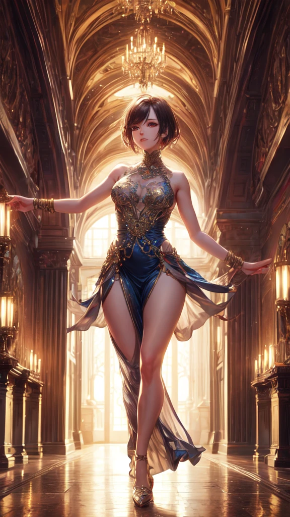 (masterpiece), best quality, Layla, mid-dance move in a flowing, bold dress with a dramatic slit, gracefully balancing on one foot in an ornate grand hall. Her colorful short hair and serene expression add to the ethereal atmosphere. The image is a masterpiece of the best quality, rendered in 8k with super detailed skin and perfect anatomy, enhanced with ethereal lighting and a soft focus