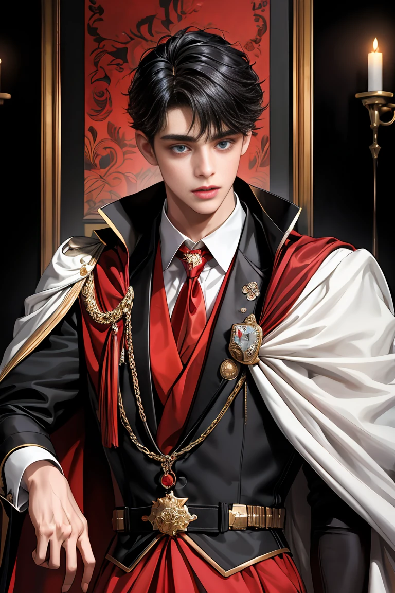 
masterpiece, 最high quality, high quality, 1 boy, alone, Male focus, Watching the audience,  Messy black hair, Adorable big blue eyes, White people, Noble, Noble,Sexy voluminous black and red cape、Tuxedo、A very voluminous, large, very large, very large, long, long red and black cape with a high stand-up collar, reaching down to the floor, made of a lot of fabric., 17 years old,Cute beautiful boys,Cute, cute, kind, handsome guy