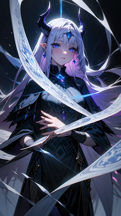 Create an illustration of a dark, alluring sorceress with deep purple skin and long, flowing white hair. She has piercing blue e...