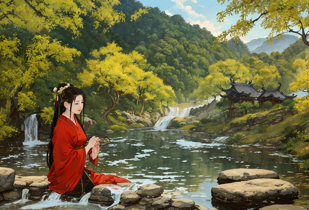 Uma pintura de paisagem rural，A pintura mostra uma mulher lavando roupas no rio, óleo sobre tela, Gong Xian, pinturas a óleo tradicionais, autor：Ni Yuanlu, antiga vila asiática, Huang Guangjian, aldeia chinesa, vila chinesa, autor：Dongyuan, bela pintura a óleo, pintura a óleo altamente detalhada, autor：O Borun, 4K 