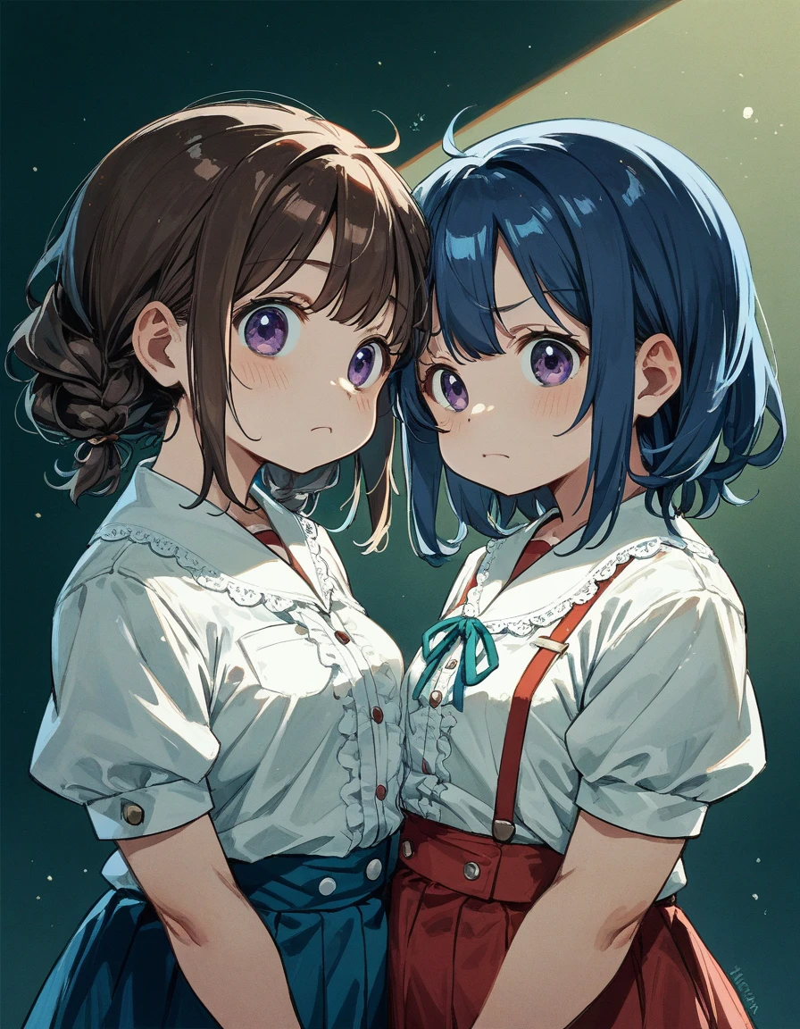 {{{symmetrical_docking ,2girl}}}[small(3) breasts,brown hair,dark,fluffy hairstyle,],medium hair,[chubby face],ふっくら顔,in stage,frown,starring each other,blouse,skirt,face to face,[flat(3) breasts,dark blue hair,purple eyes,fluffy hairstyle,]looking each other,bust up,