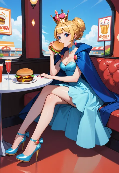 a picture of a royal queen eating  a juicy hamburger, royal queen, blond hair, in a bun, dynamic eye color, wearing a royal (cro...