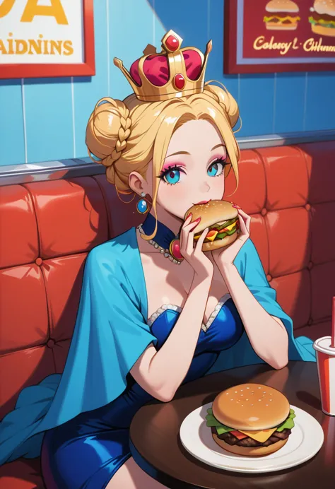 a picture of a royal queen eating  a juicy hamburger, royal queen, blond hair, in a bun, dynamic eye color, wearing a royal (cro...