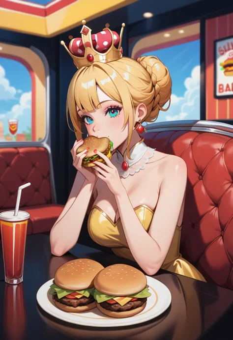 a picture of a royal queen eating  a juicy hamburger, royal queen, blond hair, in a bun, dynamic eye color, wearing a royal (cro...