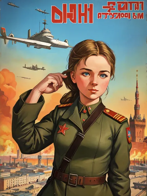 best quality,masterpiece,highly detailed,ultra-detailed, 1girl,cityscape, ussr soviet umion, propaganda, poster, army, beaurty r...