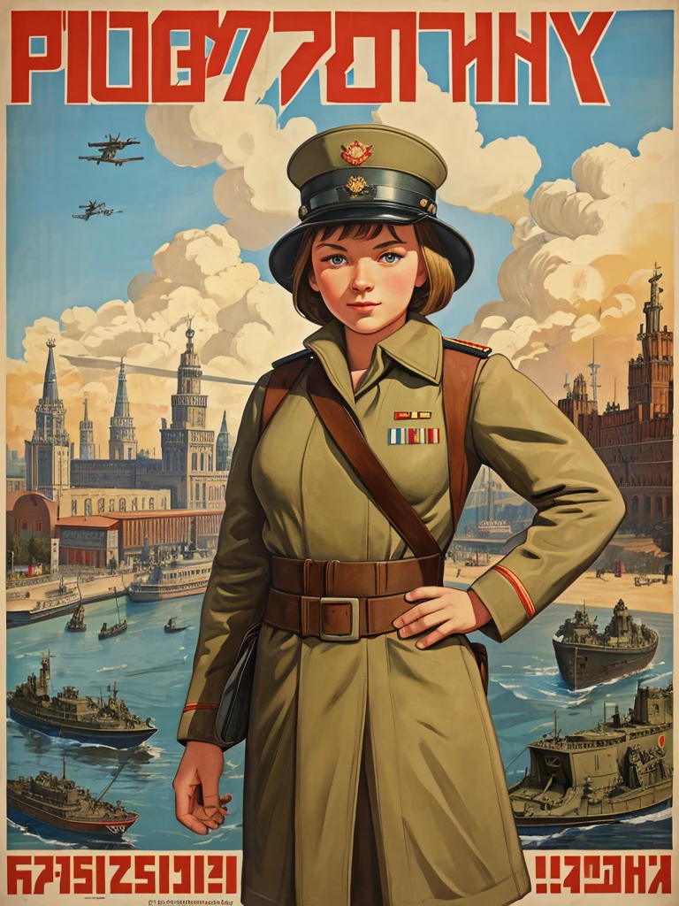 Meilleure qualité,chef-d&#39;œuvre,très détaillé,ultra-détaillé, 1fille,Paysage urbain, Union soviétique de l&#39;URSS, la propagande, affiche, armée, beauté fille russe, Russian armée uniform,Réaliste