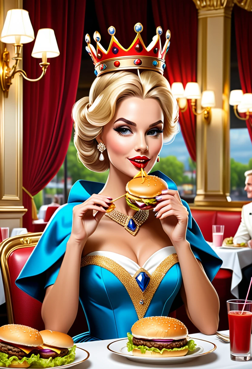  picture of a royal adult queen eating a juicy hamburger, royal queen, blond hair, in a bun, dynamic eye color, wearing a royal (crown:1.2). elegant crown, glamour crown, wearing elegant dress, royal dress, royal cloak, high fashion, wearing high heels, sitting in diner, eating a juicy hamburger, delicious hamburger, her (scepter: 1.1) is on the table American diner background, she enjoys the hamburger, Cinematic Hollywood Film