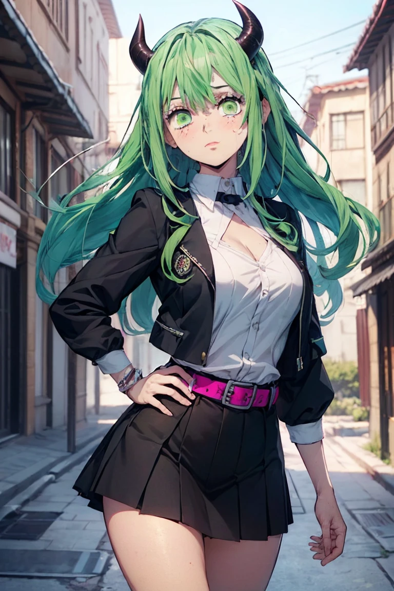 beautiful, (Highest quality, masterpiece, Very detailed: 1.5), Perfect lighting, Shiny, employment, nature, Cobblestones, vapor, blue sky, In the distance, whole body, Face Focus, One girl, mitsuri (Demon slayer), beautiful girl, beautiful face ((mitsuri (Demon slayer))), a girl with long green-pink Gradient Hair and Green Eyes in a long-sleeved jacket with a neckline, white haori, a Black Skirt with a Silver Belt and green striped hips, Pink Hair, Green Hair, Gradient Hair, Multicolored Hair, Long Hair, bangs, Double Knit, Green Eyes, Demon slayer uniform, Long sleeve jacket, white haori, Black Skirt, Silver Belt, Green striped thighs, blush, Sweat, Realistic, chest, Wide Hips, (Thick barbell: 0.9), Low Cut, Are standing, fold your hands behind your back, Viewer&#39;s gaze, Erotica