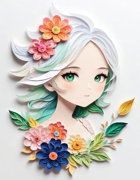 paper cutting art,(flat paper cutout，paper art，layered paper art，paper quilting, digital art),against a pure white background,，(...