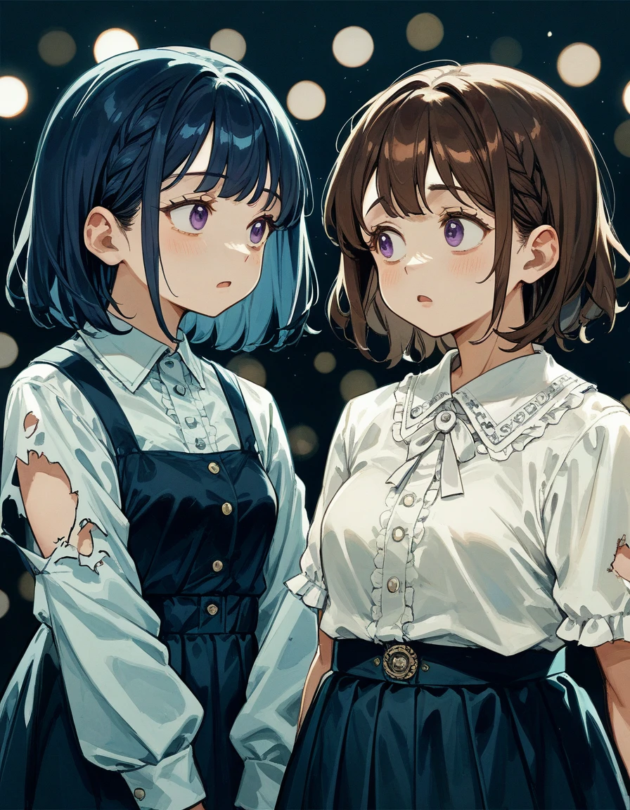 2girls,Breast Matching,[small(3) breasts,brown hair,dark,fluffy hairstyle,],medium hair,[chubby face],Plump face,in stage,frown,starring each other,blouse,skirt,face to face,[flat(3) breasts,dark blue hair,purple eyes,fluffy hairstyle,]looking each other,bust up,ripped clothes,open mouth,