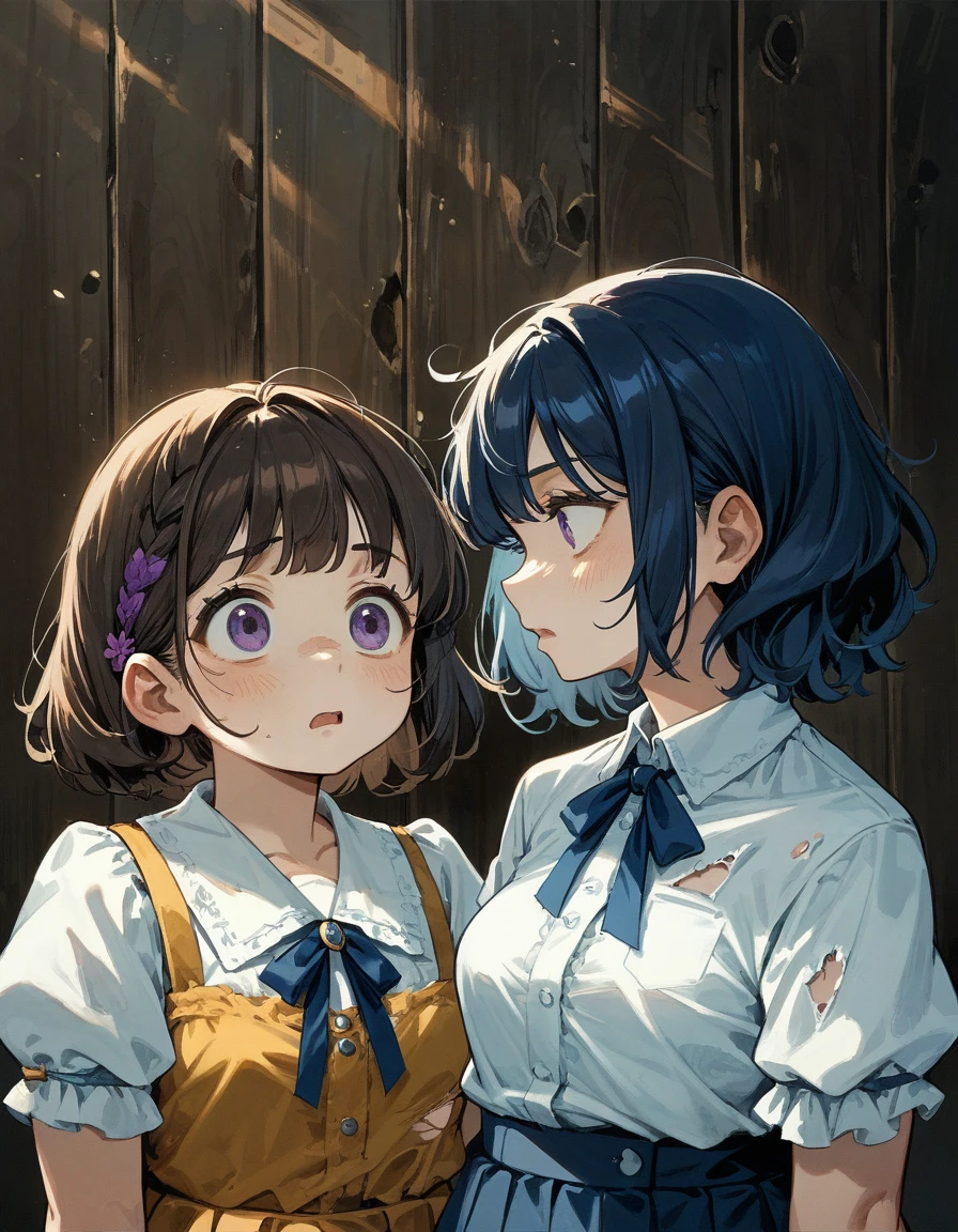 2girls,Breast Matching,[small(3) breasts,brown hair,dark,fluffy hairstyle,],medium hair,[chubby face],Plump face,in stage,frown,starring each other,blouse,skirt,face to face,[flat(3) breasts,dark blue hair,purple eyes,fluffy hairstyle,]looking each other,bust up,ripped clothes,open mouth,