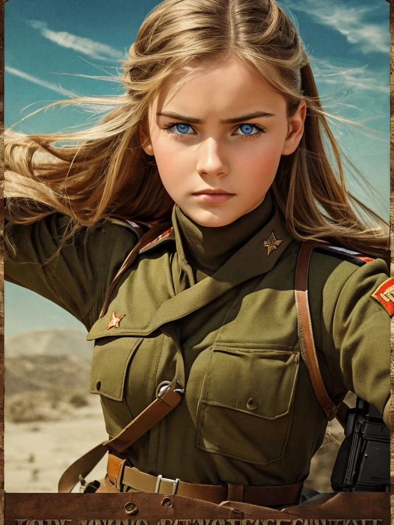 best quality,masterpiece,highly detailed,ultra-detailed, 1girl, ussr , soviet umion, propaganda, poster, army, beaurty Russian girl, Russian army uniform,realistic, angry face
