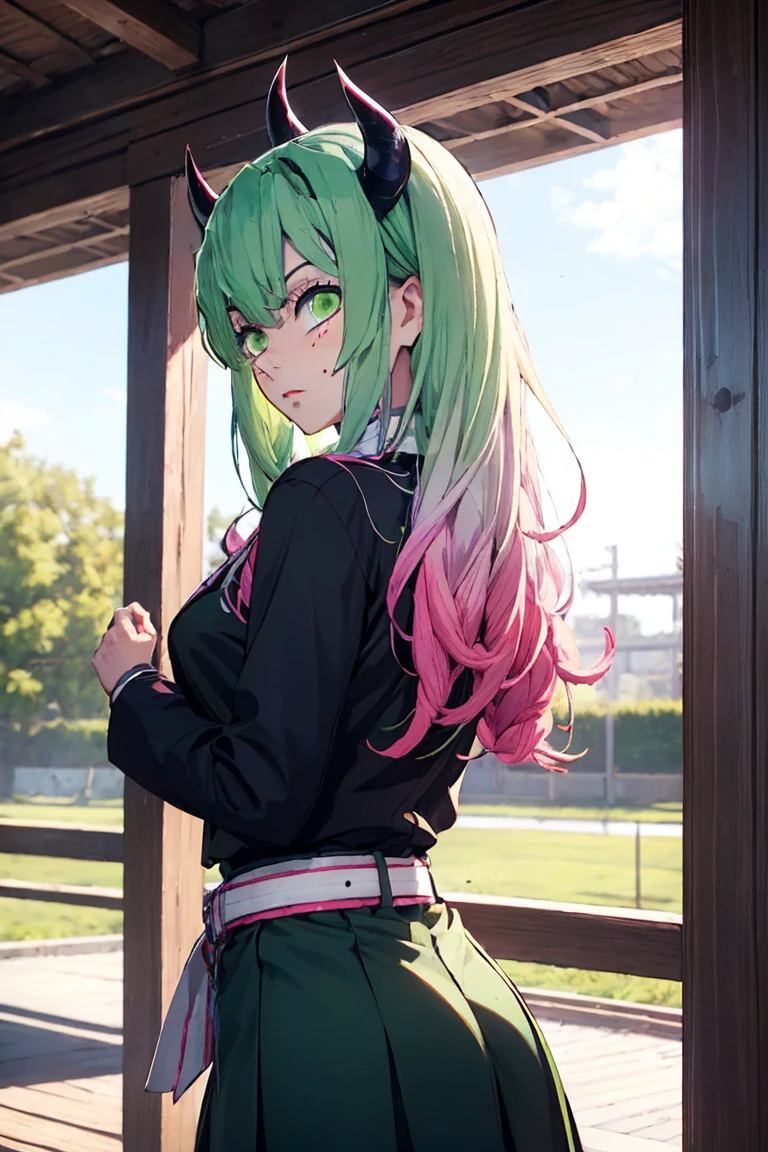 beautiful, (Highest quality, masterpiece, Very detailed: 1.5), Perfect lighting, Shiny, employment, nature, Cobblestones, vapor, blue sky, In the distance, whole body, Face Focus, One girl, mitsuri (Demon slayer), beautiful girl, beautiful face ((mitsuri (Demon slayer))), a girl with long green-pink Gradient Hair and Green Eyes in a long-sleeved jacket with a neckline, white haori, a Black Skirt with a Silver Belt and green striped hips, Pink Hair, Green Hair, Gradient Hair, Multicolored Hair, Long Hair, bangs, Double Knit, Green Eyes, Demon slayer uniform, Long sleeve jacket, white haori, Black Skirt, Silver Belt, Green striped thighs, blush, Sweat, Realistic, chest, Wide Hips, (Thick barbell: 0.9), Low Cut, Are standing, fold your hands behind your back, Viewer&#39;s gaze, Erotica