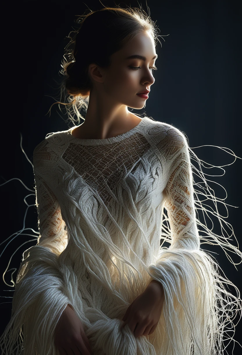 modelo femenina，fondo oscuro，iluminar desde el fondo,hilo blanco largo，Estilo Michal Katz，Detalles ultrafinos，fotografía,4k