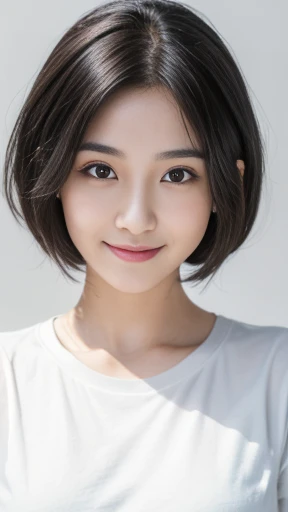 (Very detailedな CG Unity 8k 壁紙, Highest quality, Very detailed, Looking into the camera:1.2, The light shines on your face:1.5, Gray background, Professional Lighting), Japanese women, 32 years old, Brightly lit upper body composition of a face. She has an oval face, Soft arched eyebrows, bright expressive eyes,,, pronounced nose, And a friendly smile. Her hair is short, straight, Black Hair. She is wearing a white T-shirt, Probably soft colors, Embody her lively and sociable personality