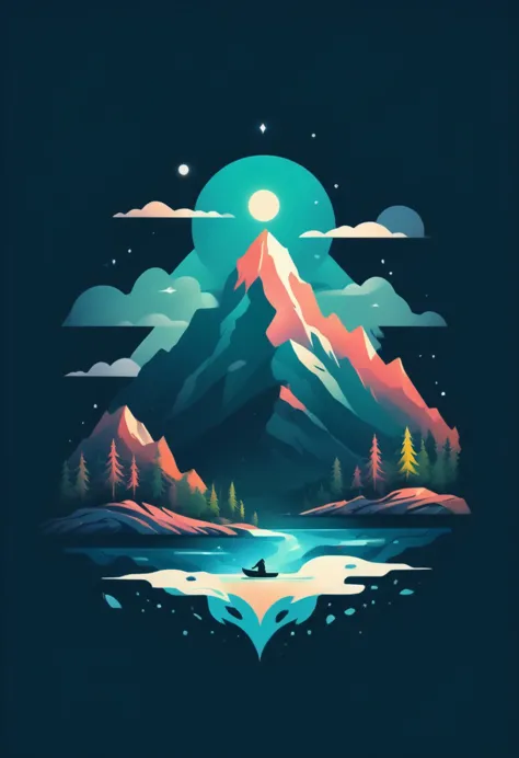T-shirt design, Impressive mountain、Painting of trees and water, a meticulous by Petros Afshar, Shutterstock competition winner,...