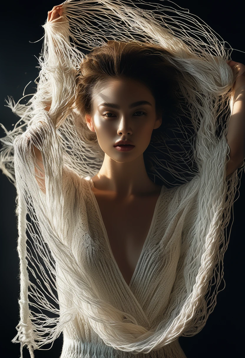 女模特，深色背景，背光,白色长纱，Michal Katz 风格，极其精细的细节，摄影,4k
