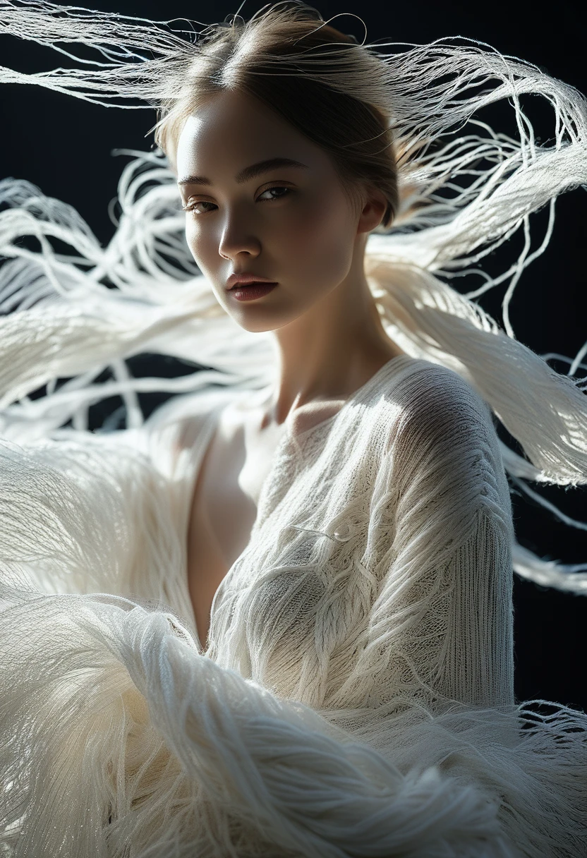 女性モデル，暗い背景，バックライト,長い白い糸，ミハル・カッツスタイル，超微細ディテール，写真,4K