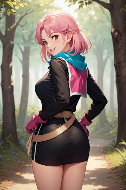 masterpiece, best quality,  priMaam, medium hair, blue scarf, circlet, short dress, pink tabard, black sleeves, belt, gloves, looking at viewer, :D, furrowed brow, forest, large breasts, looking at viewer, smile, hand on hip, village, forest,back view