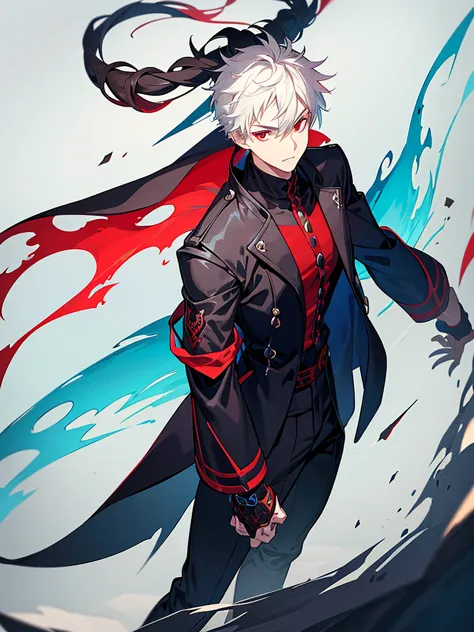 a front of a young man with short white hair, red eyes, masculine face. wearing a black cloack with blue details. he is standing...