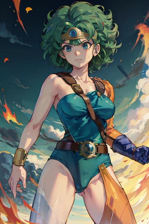 anime artwork  anime artwork masterpiece,best quality, unreal engine, ultra res, extremely detailed
ROUND BREASTS, medium BREASTS
1girl,  waist, slender,(muscular:0.9)
 HEROINE, 
CIRCLET, CURLY HAIR, GREEN HAIR, SHORT HAIR, ASYMMETRICAL CLOTHES, LEOTARD, BELT, SINGLE GLOVE, SINGLE SLEEVE, SINGLE THIGHHIGH
cave, holding sword, . anime style, key visual, vibrant, studio anime,  highly detailed.be enveloped in flames.fall on one's knees.Leotard is worn out.She can barely stand and supports herself with a sword.be on the verge of death.There are scratches all over my body.have a broken sword.get a punch in the stomach.