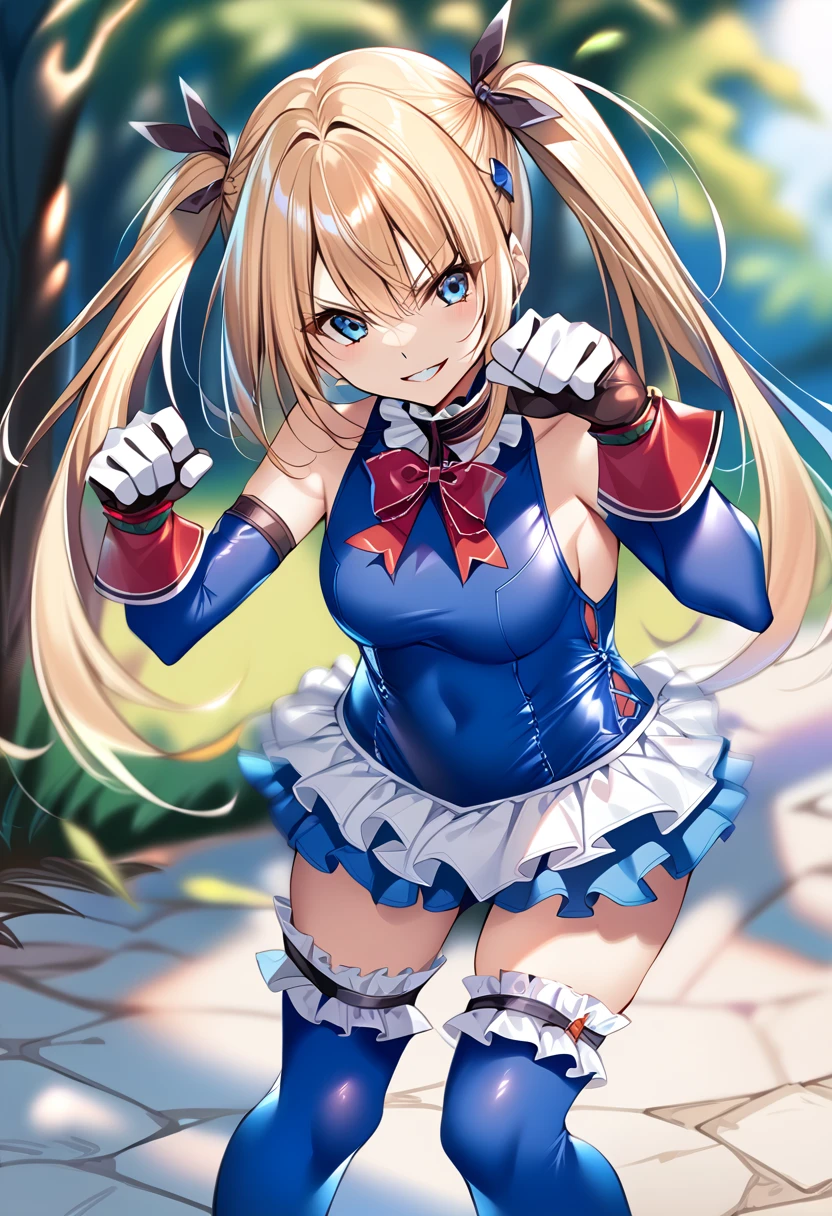 1girl,fight pose, doamarie, blonde hair, twintails, hair ornament, hair ribbon, frilled choker, red bowtie, blue one-piece swimsuit, frilled swimsuit, blue sleeves, detached sleeves, gloves, blue thighhighs, frilled thighhighs, standing,outdoors, smirk, sun