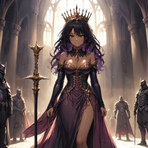 curvaceous, haughty, mature woman, dark skin, long curly black hair, golden eyes, iron crown, royal dress in purple and gold, br...