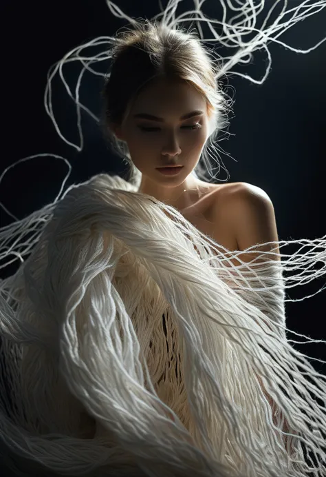 Female Model，Dark background，Backlight,Long white yarn，Michal Katz Style，Ultra-fine details，photography,4K