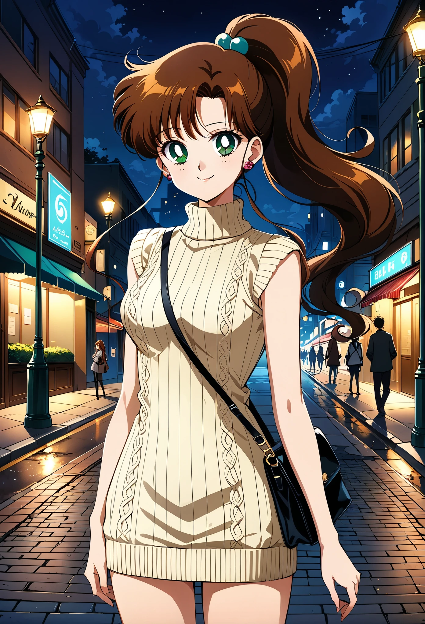 (masterpiece, best quality, very aesthetic, ultra detailed), intricate details, 4k, aajupiter, long hair, brown hair, ponytail, hair bobbles, earrings, green eyes, ribbed sweater, sweater dress, sleeveless, turtleneck, shoulder bag, smile, night, street, standing, cowboy shot,