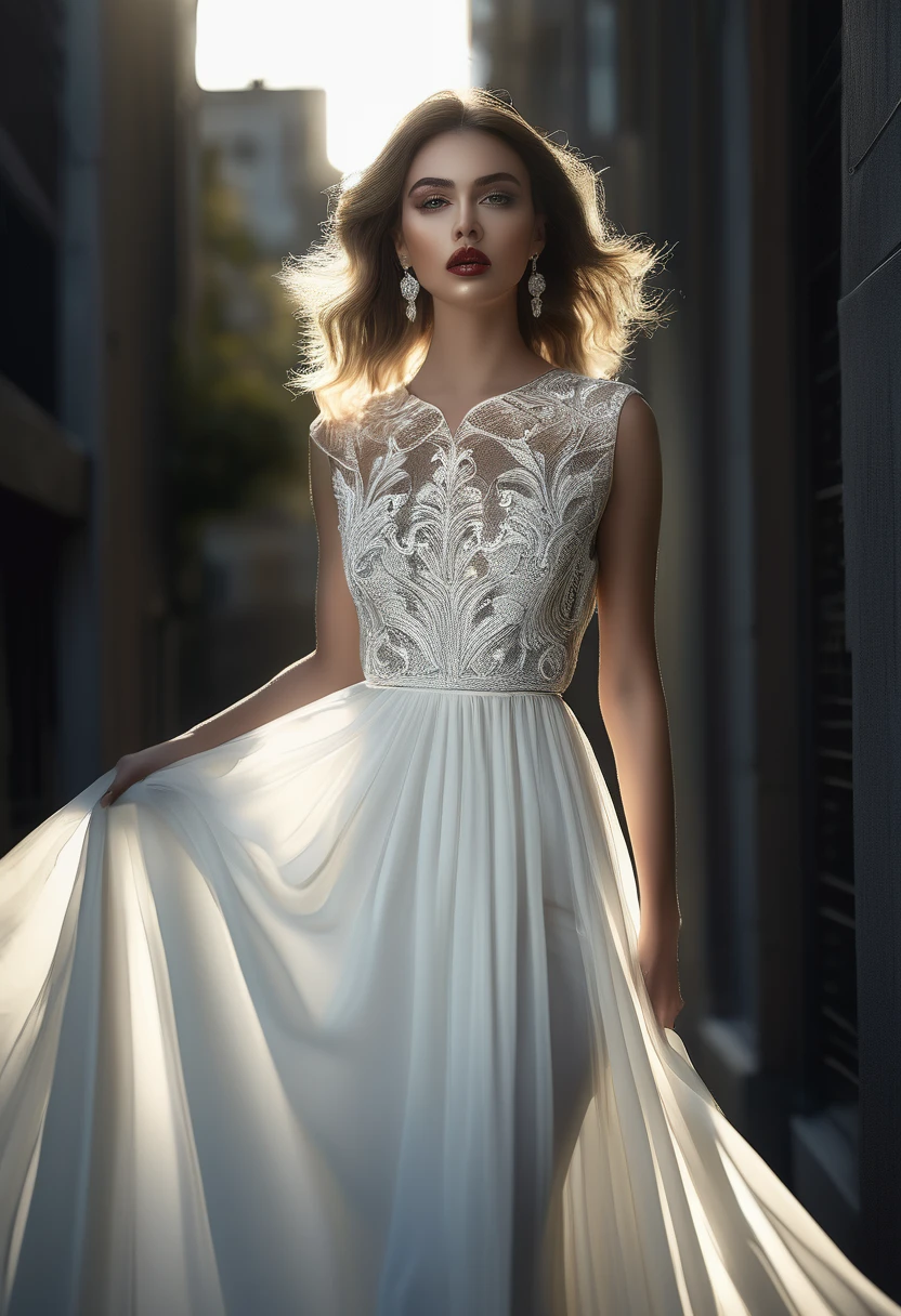 красивая женская модель, длинное белое прозрачное платье, с подсветкой, драматический темный фон, высокая мода, стиль Михаила Каца, (Лучшее качество,4k,8К,Высокое разрешение,шедевр:1.2),ультрадетализированный,(реалистичный,photoреалистичный,photo-реалистичный:1.37),подробные глаза,Детализированные губы,длинные ресницы,естественное освещение,освещение светотеней,драматические тени,капризный,Кинематографический,элегантный,Сложный,Гламурный
