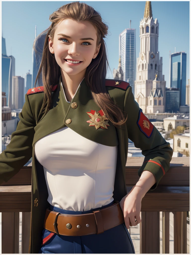 best quality,masterpiece,highly detailed,ultra-detailed, 1girl,cityscape, ussr soviet umion, poster, army, beaurty Russian girl, Russian army uniform,realistic, Sam Browne belt, evil smile, military uniform