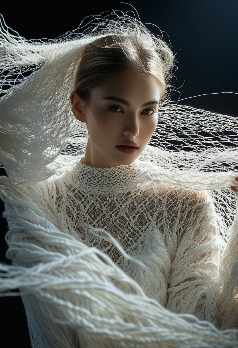 Female Model，Dark background，Backlight,Long white yarn，Michal Katz Style，Ultra-fine details，photography,4K