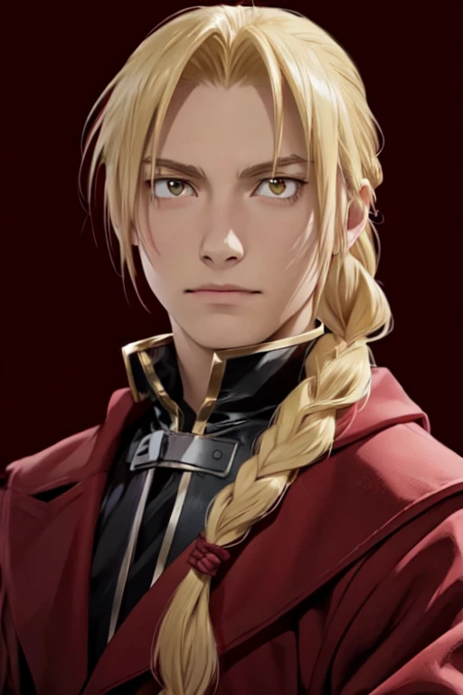 Meisterwerk, beste Qualität, Hintergrund, 1 Junge, Allein, männlicher Fokus, Betrachter betrachten, realistisch, [[Edward_elric|Blonde Ikemen]:Edward_elric:16]Blondes Haar, gelbe Augen, flechten, single flechten, flechtened ponytail, einzelner mechanischer Arm, 32K Auflösung, (Oberkörper:1.5), schwarze Kleidung, red coat
BREAK
Edward_elric 