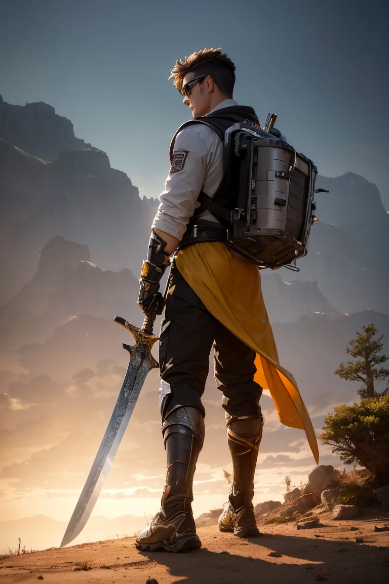 Best quality, masterpiece, 4K, 8K, wallpaper, game CG, concept art, Unreal Engine, 3D style, Octane Rendering, highly detailed CG, featured on ArtStation, character design, 1 boy, cute, Medium-Length Haircuts & Mid Fades hair style, wearing yellow protective hood, male warrior, superhero outfit, happy, running forward, cyberpunk, visor, sensor, sword, barren land, dry ground, dead trees, light cloudy sky, front view, full body, perfect lighting, Beeman character, holding a sword, wearing black glasses