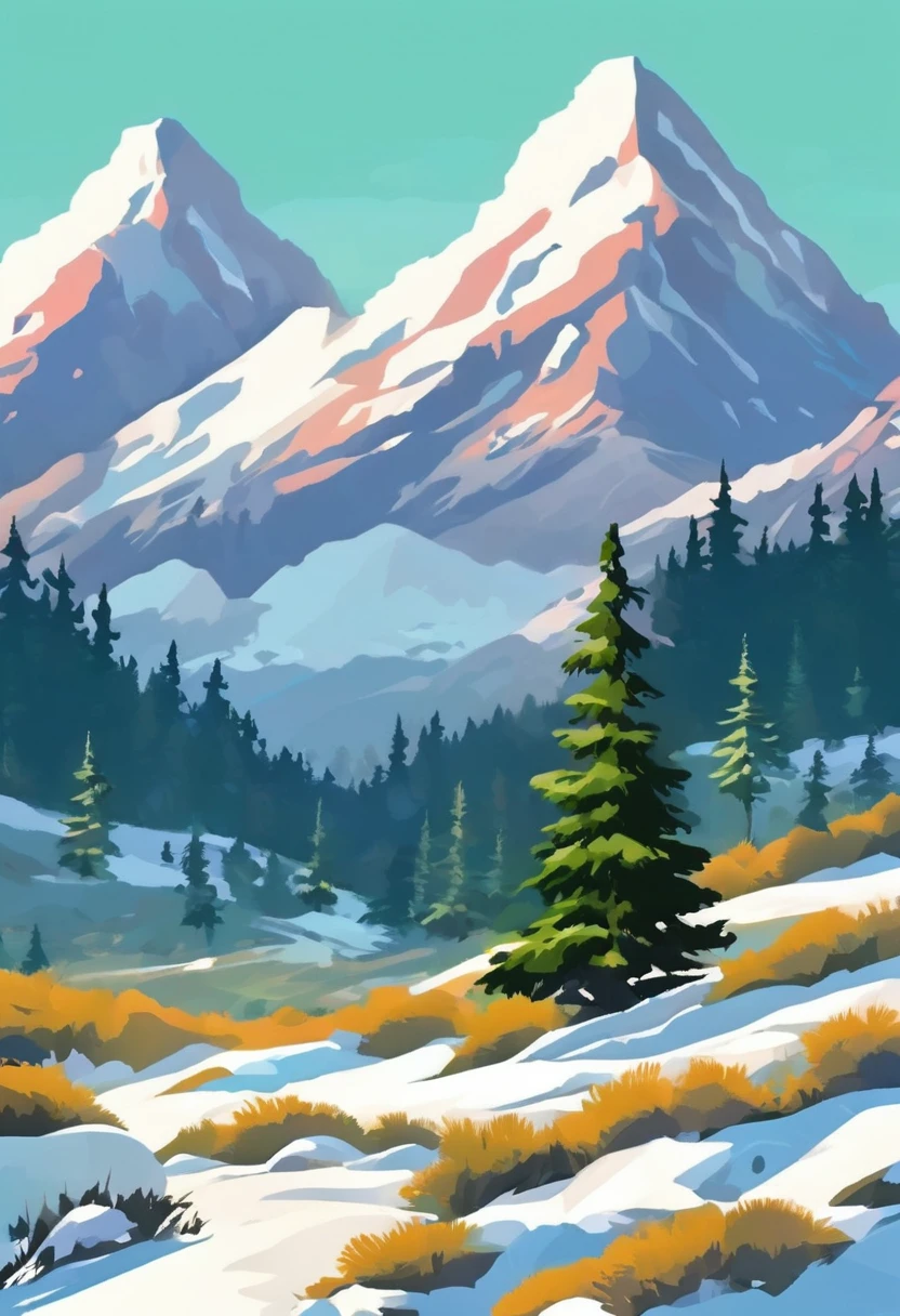 Spruce trees in winter landscape，T-shirt design, Impressive snow-capped mountains、Paintings of the grassland, ameticulous, Environmental Art, meticulous, Silhouette Art, 2D Game Art, Background of the logo